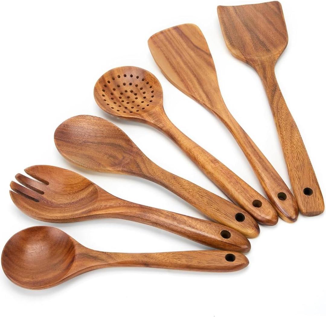 Pure Neem Wooden Spoons for Cooking  Wooden Kitchen Utensils Set, 6 Pcs Neem Wood Utensil Set  Comfortable Grip NonStick Wooden Cooking Utensils  Set of 6 Pieces