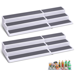 CiWiVOKi 3 Tier Expandable Spice Rack Organizer, White/Grey Plastic Spice Rack, Adjustable Length 14.6In25.8In, 2 Pack NonSkid Tiered Spice Shelf Organizer for Kitchen Cabinet, Cupboard, Pantry