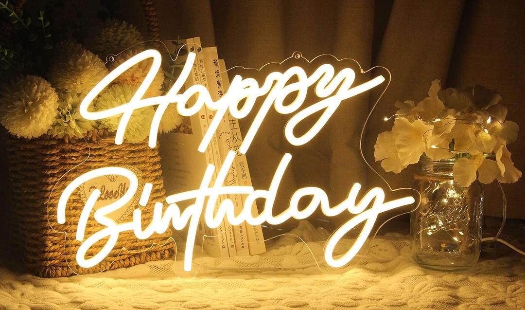 Ulalaza LED Neon Sign Night Light for Wall Party Dcor Bedroom Room Bar Wedding Home Birthday Art Decoration Christmas with USB Chain Light modulator 5v 16.5''*9.1'' (happy birthday Awarm)