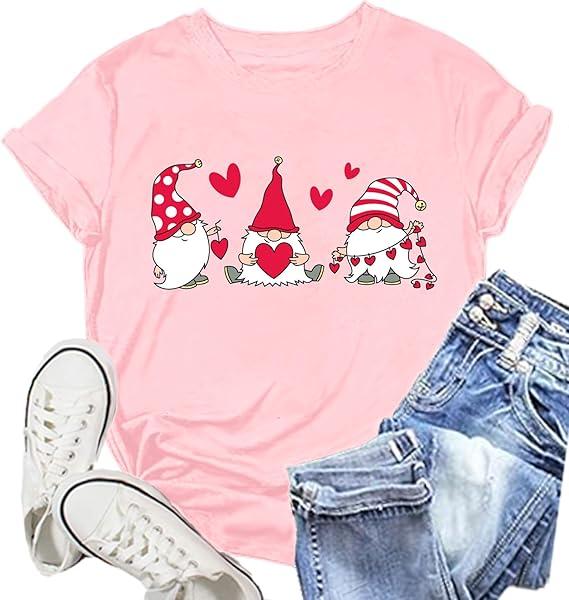 Valentines Shirts for Women Funny Hearts T-Shirt Happy Valentine's Day Tee Tops (Pink) S