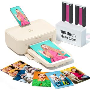 iDPRT 46 Photo Printer, Portable Color Picture Printer, Thermal Sublimation Mini Picture Printer, Bundle 108 Sheets Photo Paper & 2 Ribbon Cassette, Photo Printer for iPhone & Android (Beige)