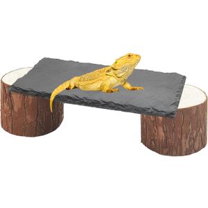 Bearded Dragon Basking Platform,Reptile Heat Storage Slate Stone with Wooden Pile,Gecko Climbing Slate Stone and Hide Caves,Turtle Basking Rock for Lizards Snakes Chameleon,Tortoise,8x4x2.4 inch
