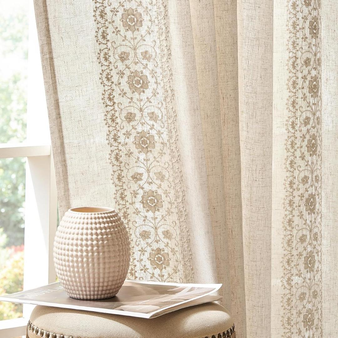 jinchan Linen Curtains for Bedroom 84 Inches Long Fall Natural Vintage Floral Farmhouse Curtains Linen Blend Drapes for Living Room Embroidered Light Filtering Cottagecore Ivory on Beige 2 Panels (50"W x 84"L (Pack of 2))