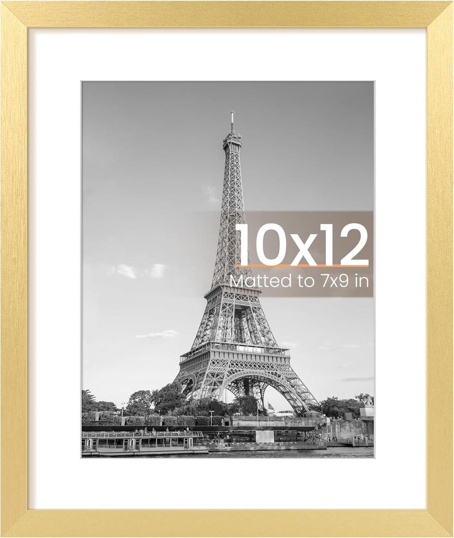 upsimples 10x12 Picture Frame, Display Pictures 7x9 with Mat or 10 x 12 Without, Wall Hanging Photo Frames, Gold, 1 Pack