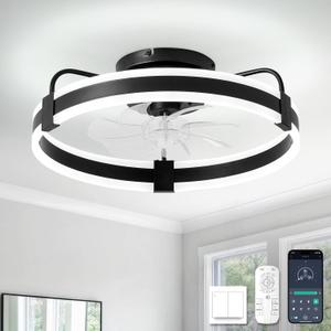 Chansim Ceiling Fans with Lights and Remote, 20" Low Profile Ceiling Fan with Light, 3000K-6000K, 6 Wind Speeds, Black Modern Flush Mount Fandelier LED Fan for Bedroom (Black)