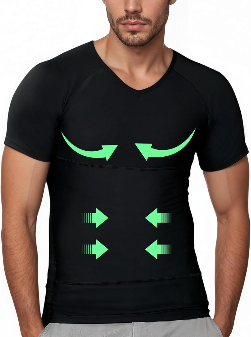 V Neck Gynecomastia Compression Shirt Tummy Control Breathable Men Shapewear Slimmimg Undershirt Hide Belly (Large, Black)