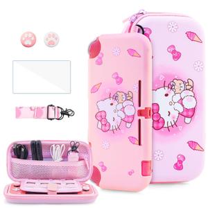 HYPERCASE Pink Cartoon Cat Switch Lite Carrying Case, Cute Accessories Bundle Kit for Travel Pouch Bag, Soft Switch Lite Protective Cover Skin, Screen Protector, Shoulder Strap and 2 Thumb Grips