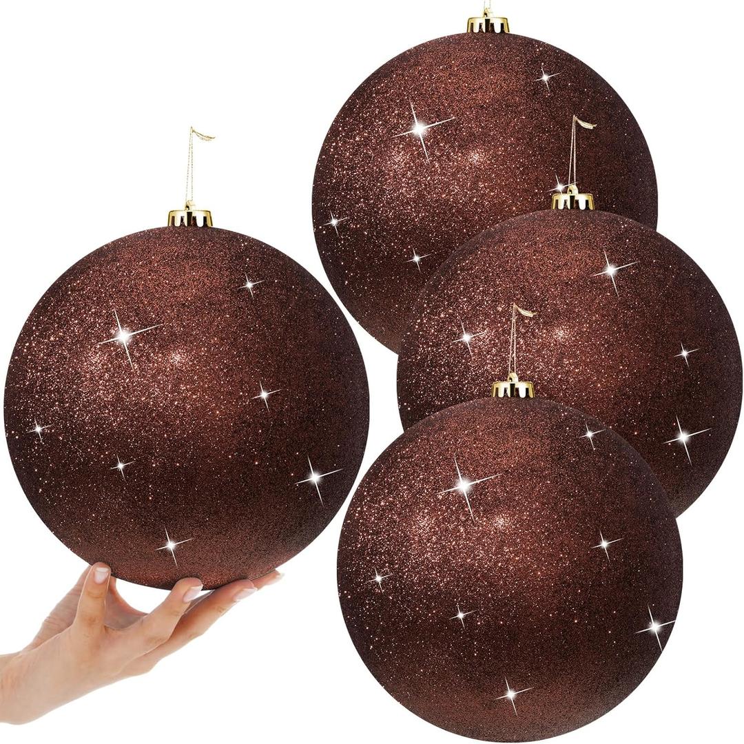 Zubebe 4 Pcs Extra Large Christmas Ball Ornaments Glitter 8'' (200 Mm) Giant Oversized Plastic Xmas Ball Big Hanging Christmas Tree Ornaments for Holiday Party Outdoor Decor(Shiny Brown)