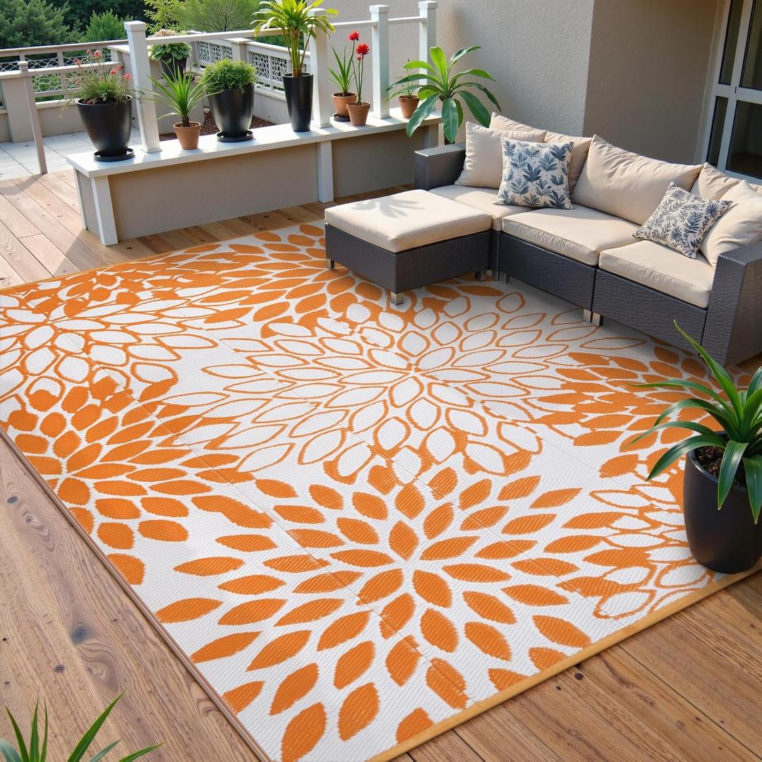 Anidaroel Outdoor Rugs 8x10ft for Patios Clearance Waterproof, Reversible Tropical Plastic Straw Camping Mat Outside Rug, Large Outdoor Area Rug for RV, Deck, Balcony, Picnic Orange,8'x10')