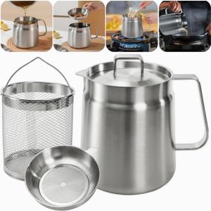 ZAVOOS 304 Stainless Steel Oil Filter Pot, 68 Oz Deep Fryer Pot with Strainer Basket, Versatile Large Capacity Bacon Grease Container Cooking Oil Saver for Kitchen, Restaurant, Camping
