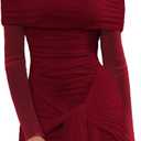 Ophestin Off The Shoulder Mesh Dress Long Sleeve Ruched Bodycon Dress for Women Tie Waist Dresses, Burgundy, Medium