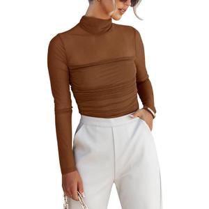 REORIA Womens Trendy Sexy Mock Turtle Neck Long Sleeve Sheer Mesh Ruched Going Out Bodysuits Tops (Brown, L)