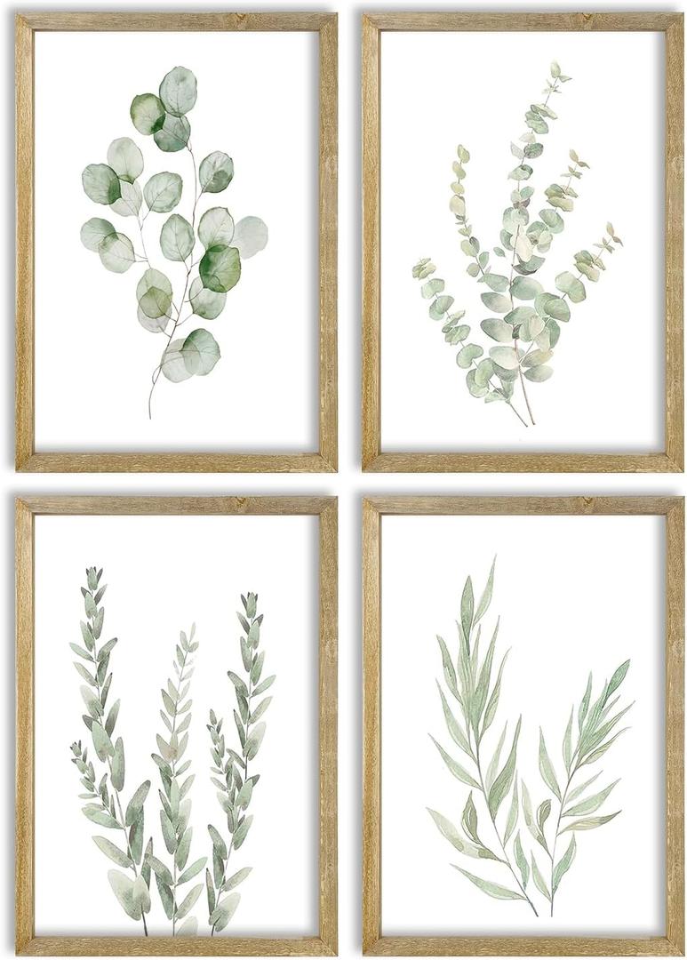 Botanical Wall Decor Sign 16x11 Inch Set of 4 Sage Green Plants Wood Framed For Bathroom Modren Bedroom Aesthetic Watercolor Laundry Room Art Wall Hanging (Wood) (16L" x 11W")