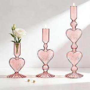 3 Pcs Pink Candle Holder - Heart Shaped Glass Taper Candlestick Holders Set, Valentines Day Decor for Wedding Festival Party Table Centerpiece, Pink Vase Candle Sticks Holder Decor