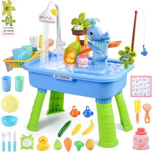Upgraded Water Table for Toddlers 1-3 with Electric Water Pump, Kids Water Table with Faucet, Play Food Accessories Fishing Toy, Kitchen Play Sink Toys for Girl Boy