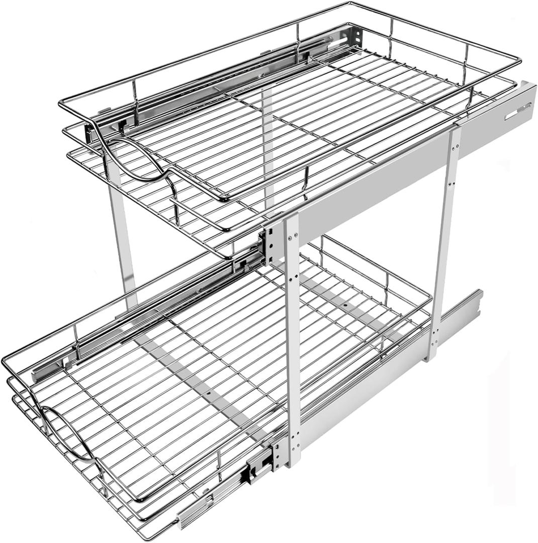 Sikarou Pull Out Cabinet Organizer 14" W x 21" D 2-Tier Individual Slide Out Drawer Pantry Shelf Storage for Kitchen Base Cabinet Organization for Kitchen, Bathroom, Pantry, Chrome