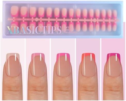 Misssix XBASICTIPS French Tip Press On Nails, 150Pcs Pink Press On Nails Short Square, French Soft Gel Nail Tips, Pre-shaped No Need to File 3 in 1 Tips, Fake Nails for Nail Art DIY Designs 15 Sizes