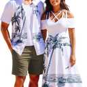 Matchable Couple Hawaiian Coconut Tree Print Shirt or Plus Size Midi Cold Shoulder Dress (White, L)