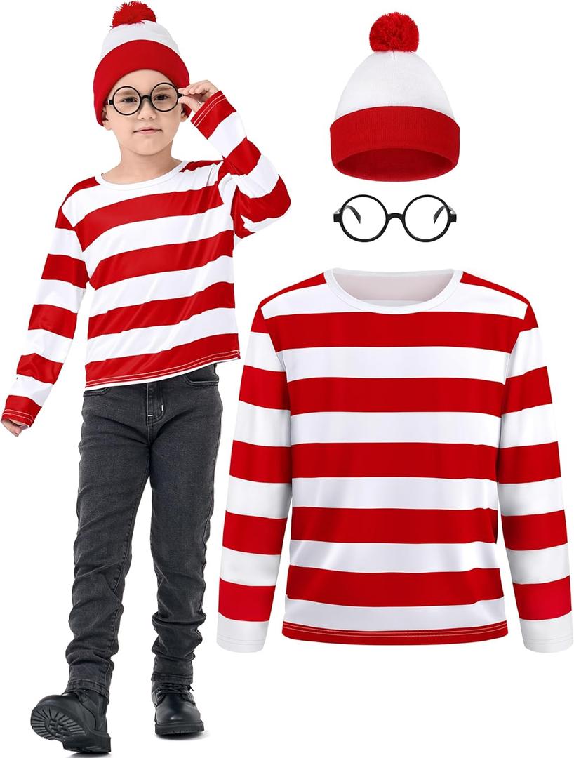 3 Pieces Kids Halloween Costume Set, Boys Costume Red and White Striped Shirt Beanie Hat Glasses for Cosplay Party (5-7 Years)