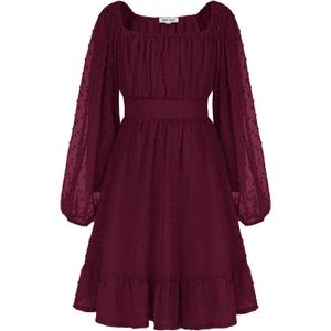 GRACE KARIN Girls Ruffle Tiered Dress Long Sleeve Swiss Dot Flowy A-Line Dress 6-14Y (Wine)