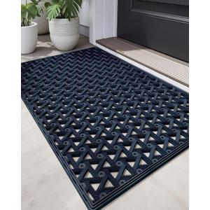 DEXI Front Door Mat Outside Entrance Rubber 19x30, Welcome Floor Doormat Heavy Duty Non Slip, Dirt Trapper Waterproof Exterior Entry Mats All Weather for Patio Entryway Drainage, Blue