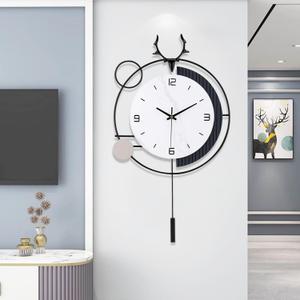 Large Wall Clocks for Living Room Decor, Modern Pendulum Wall Clock Silent Quartz Battery Operated Non-Ticking, Black Metal Deer Clock for Living Room Kitchen Bedroom Home Wall Decor,13x25inch