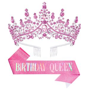 Birthday Tiara Crown with Sash for Women, Headband Hair Accessories for Wedding Party Costume Pink