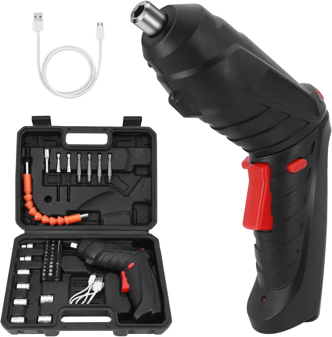 Rechargeable Electric Screwdriver Portable Set, 3.6V with 47pcs Cordless Accessories, Dual Position Handle and LED Headlight (Black)