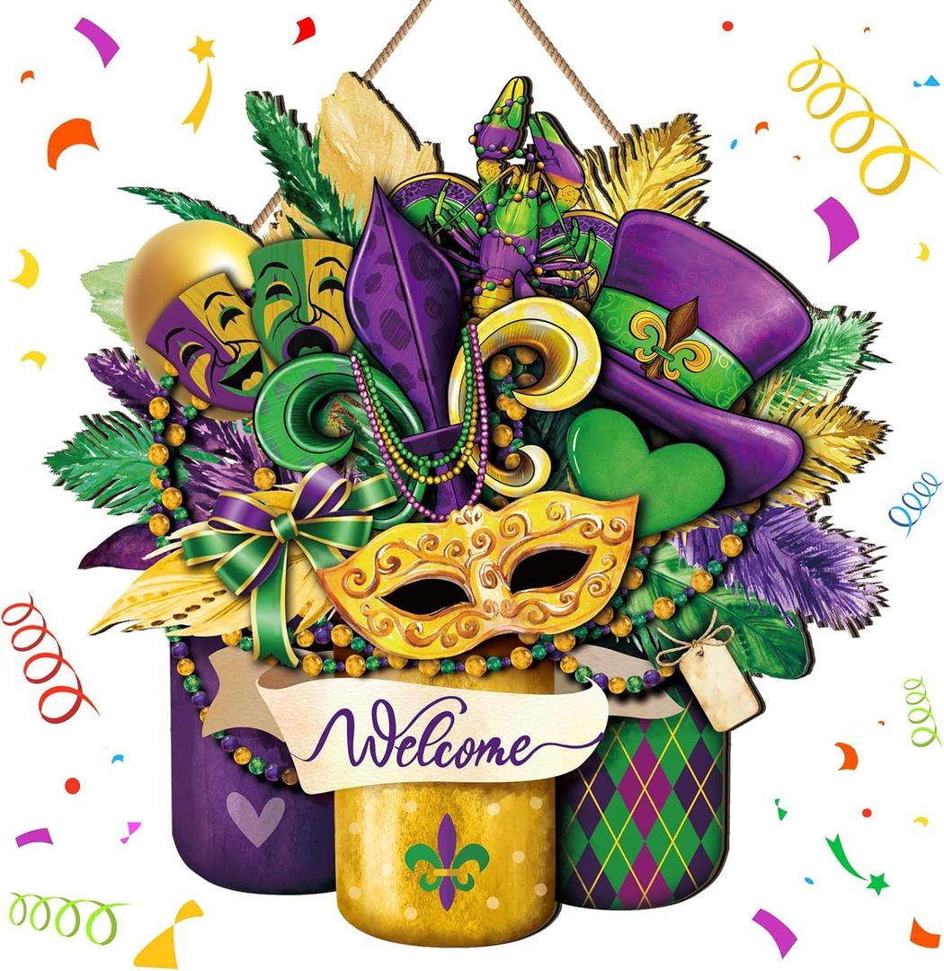 Boao Welcome Mardi Gras Door Decorations Mardi Gras Sign Hanging Decoration wall Hanger Masquerade Carnival Wreath for Outdoor Farmhouse Porch Front Door Decor