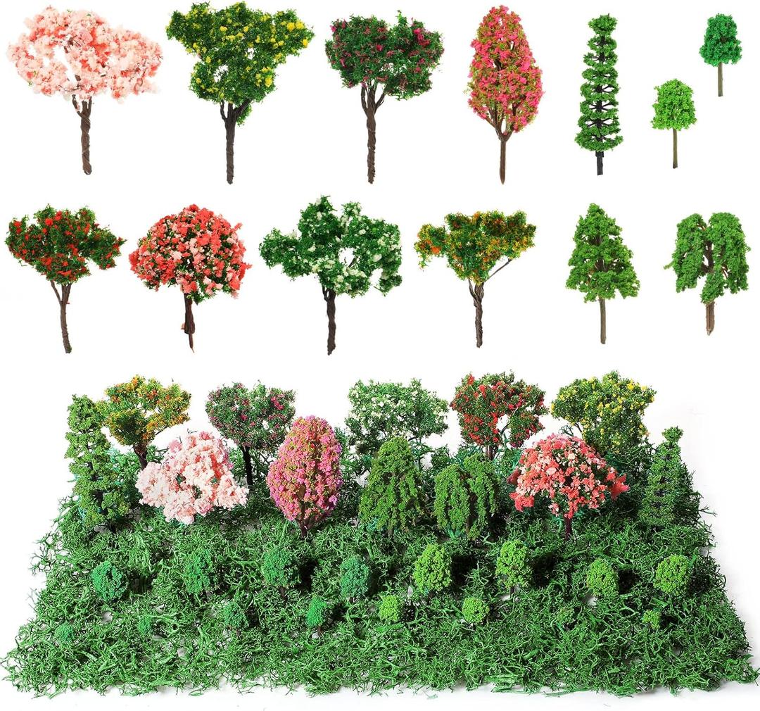 28 Pcs Tiny Model Trees with 40g Faux Green Moss, 0.79-3.15'' Diorama Trees Grass Mini Fake Miniature Trees Diorama Materials Kit for Diorama Box Craft Model Train Fairy Village