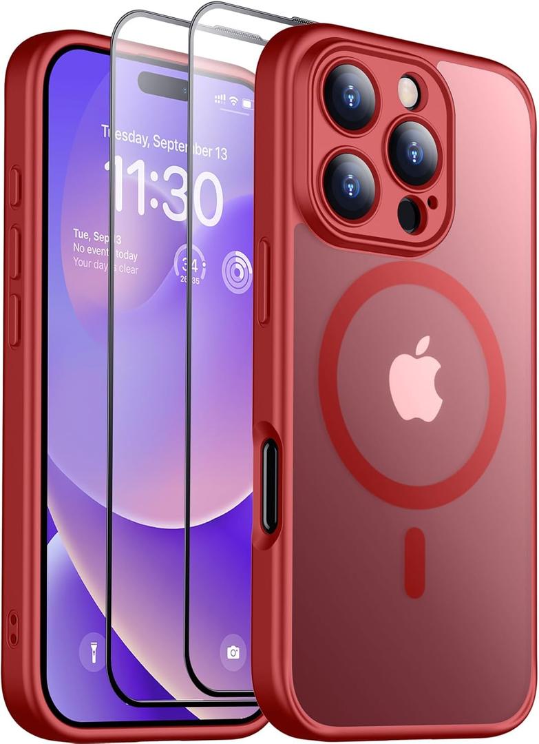 SPIDERCASE Magnetic for iPhone 16 Pro Max Case, Translucent Matte with 2PCS Tempered Glass Screen Protector [Upgraded Full Camera Protection] Anti-Scratch Slim Phone Case Slim Phone Case,Red