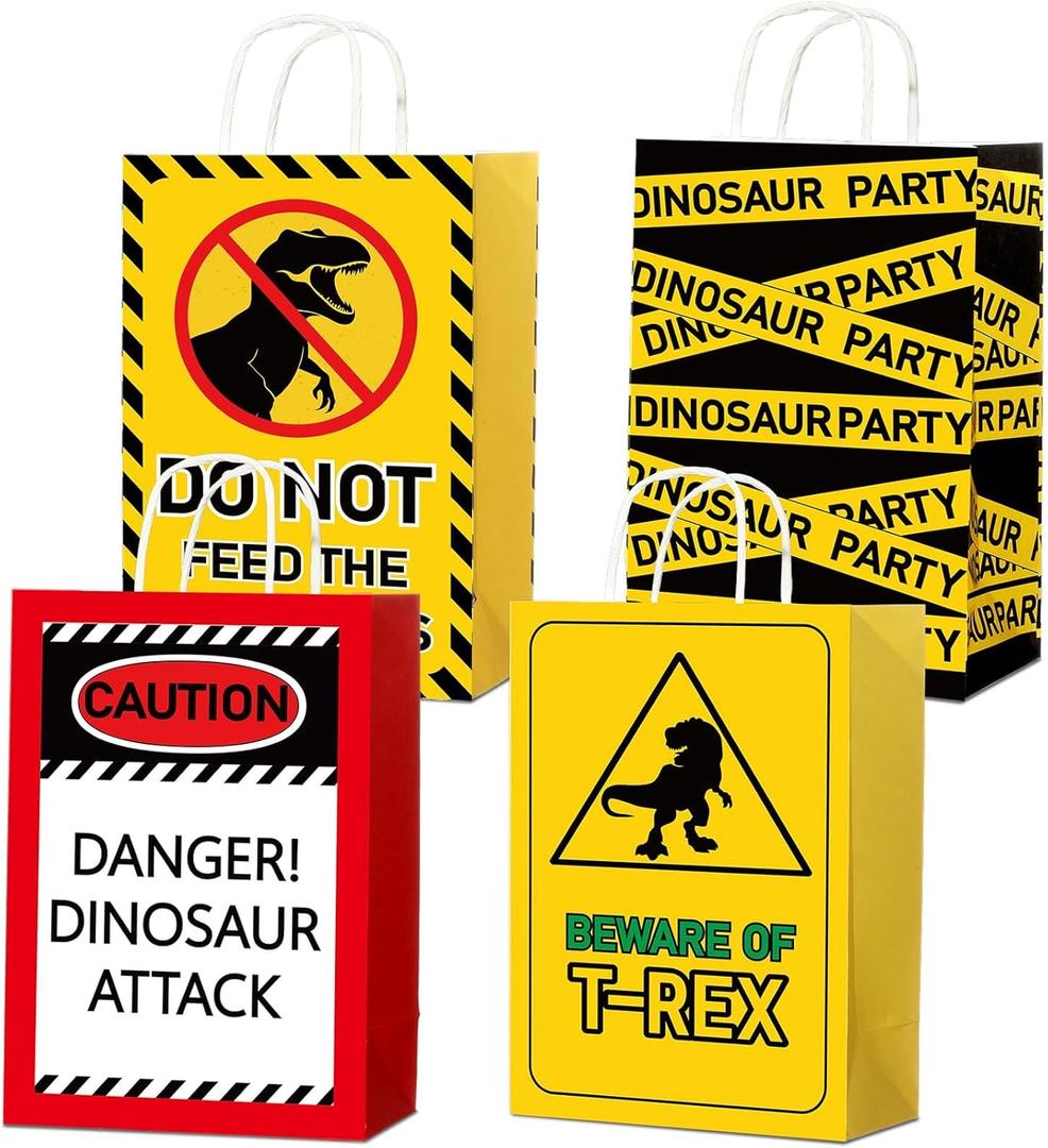 ZOIIWA Dinosaur Party Favor Bags Funny Dinosaur Party Decorations Dino Caution Signs Paper Gift Bags with Handles Beware Warning Signs Goodie Candy Treat Bag for Birthday Baby Shower Supplies,12pcs