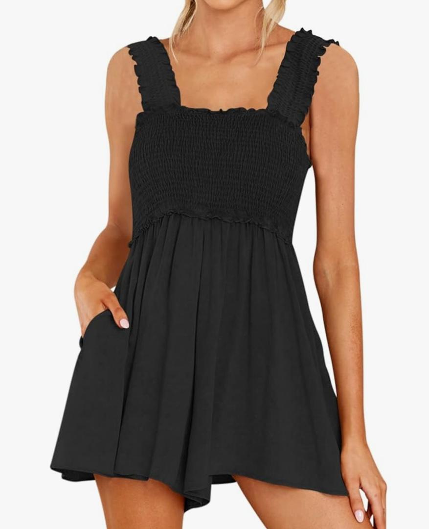 Women Summer Sleeveless Romper Square Collar Ruffle Straps Flowy Short Jumpsuit with Pockets, Medium