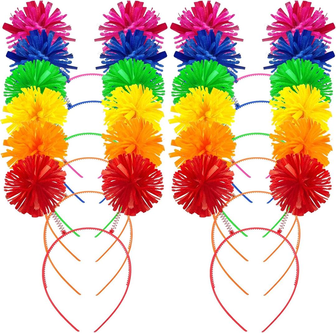 Tigeen Headband Head Bopper with Pom Pom (12 Pcs, Mixed Color) - Costume Headwear for Women Adults Accessories, Birthday Party Headwear