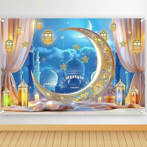 Fabric 10x7ft Ramadan Mubarak Backdrop Moroccan Lantern Gold Crescent Moon Mosque Photography Background Eid Mubarak Decoration Banner Eid Festival Muslim Home Decor Party Supplies