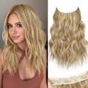 KooKaStyle Invisible Wire Hair Extensions with Transparent Wire Headband Adjustable Size 4 Secure Clips Long Wavy Hairpiece for Women(Beige Blonde mix Lvory Blonde Highlights16inch)