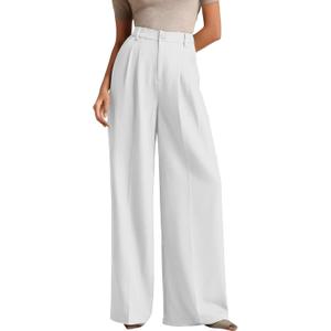ELLEVEN Women's Business Casual Wide Leg Dress Pants, High Elastic Waisted Trousers with Pockets (White, S)