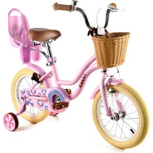RULLY Donut Girls Bike 12 14 16 Inch Kids Bicycle for Toddlers Ages 3-8 with Training Wheels, Basket & Doll Seat, Retro Cruiser Style, Pink Purple Blue