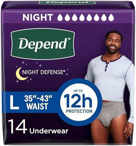 Depend Night Defense Adult Diapers, Incontinence Underwear for Men, Disposable, Overnight, Large, Grey, 14 Count, Packaging May Vary L/G