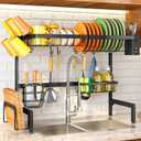 Over The Sink Dish Drainer Drying Rack - Expandable (26.8" to 34.6" W) Large Metal Dish Rack for Kitchen Counter, Kitchen Organizer with Adjustable Basket, Utensil Holder and Sponge Holder (Black)