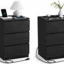 VASAGLE Nightstands with Charging Station, Set of 2, AC Outlets and USB Ports, Bedside Tables, Side Tables with 3 Drawers, Modern Style, 13.8 x 15.7 x 23.2 Inches, Ebony Black ULET731B58