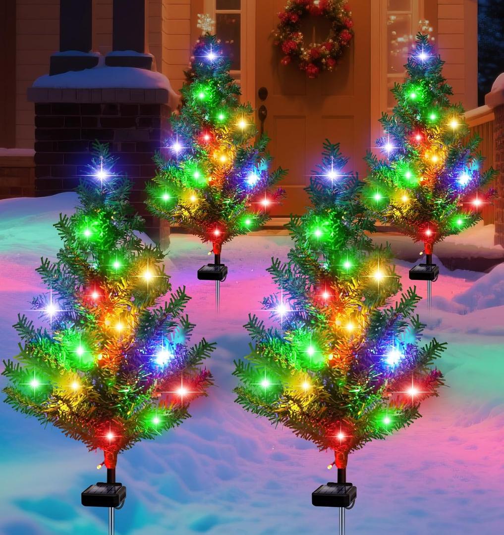 Solar Christmas Tree Outdoor Decor, Waterproof Solar Xmas Decorations Garden Stake Lights, Multi-Color LED Artificial Prelit Christmas Dcor for Outside Landscape Pathway Porch Yard Holiday (4 pcs)