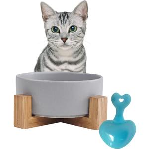 Ceramic Dog Cat Bowl with Wood Stand,Cat Food & Water Bowls Elevated Non-Spill Modern Cute Kitty Dishes Heavy Weighted Round Pet Dishes Set for Small Kitten Grown Cat(Grey)