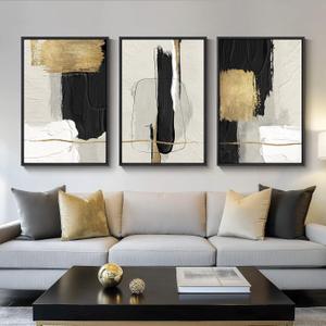 Large Framed Black and White Abstract Wall Art, 3 Piece Modern Canvas Prints Paintings Artwork for Walls, Minimalist Black Beige Gold Pictures for LIving Room Bedroom Office Wall Decor Total 30x60 In (Block)