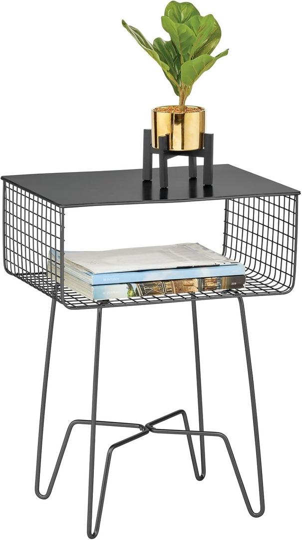 mDesign Steel Side Table Nightstand with Storage Shelf Basket for Bedroom, Living Room, Home Office; Rustic Bedside End Table, Industrial Modern Accent Furniture - Concerto Collection - Black, 12.75 in x 17.4 in x 23.4 in