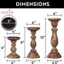 Mela Artisans Medium Polish Hand Carved Wooden Pillar Candle Holders - Set of 3 | Tuli Decorative Style | Crafted from Mango Wood | Rustic Table Centerpiece Decor | Sized 6", 9" and 12"
