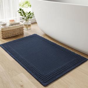 RESARE Waffle Bath Mat, Super Absorbent Non Slip, Machine Washable, Ultra Soft Boho Bath Rugs with Tassels, Upgraded Bordered Design, 17"x24" Navy