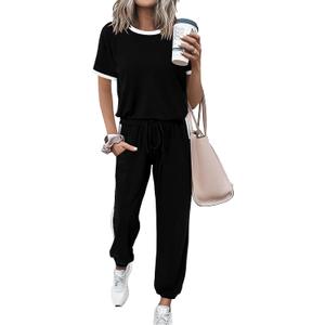MASCOMODA Womens 2 Piece Outfits 2026 Summer Tracksuit Sets Short Sleeve Tops Travel Long Pants Jogger Lounge Set(Black, Large)