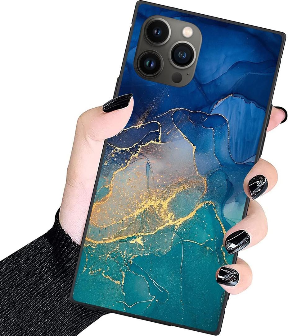 Designer Luxury Case for iPhone 15 Pro Women,Blue Green Gold Marble Classic Checkered Style,Hard PC+Soft Silicone case is Shock-Proof and Skid-Proof for Protective Case