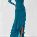 BTFBM Women's Maxi Dresses Fall 2026 Long Sleeve Ruched Bodycon Solid Ruffle Mermaid Cocktail Wedding Guest Dress (Blue, M)